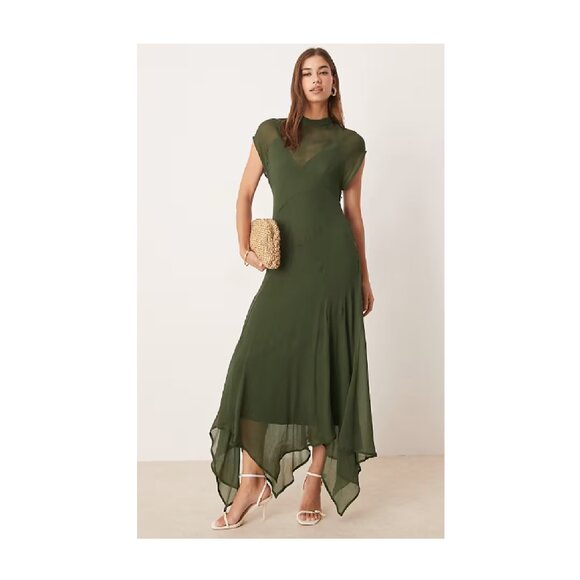 ASOS Design High-Neck Hanky Hem Chiffon Maxi Dress, Dark Moss, size 14 (altered) - Picture 1 of 9
